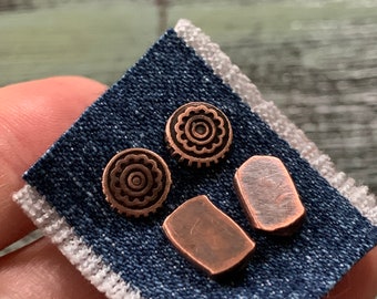 Rustic Set of 4 Copper Stud Earrings - Round & Bar Style - Simple Unisex Everyday Wear Jewelry for Men or Women - 7th Anniversary Gift
