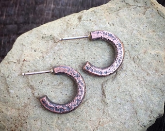 Small Rustic Copper Hoop Earrings - Simple Minimalist Chunky Hoops for Men or Women - 12mm or Custom Sizes Available - 7th Anniversary Gift