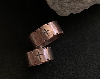 7th Anniversary His & Hers Copper 9mm Ring Set - Unique Rustic Custom Stamped Wedding Band Christian Inspiration  Personalized Jewelry