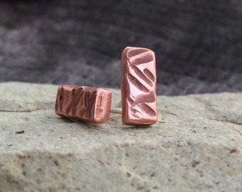 Raw Copper Stud Earrings for Men or Women - Chunky Industrial Rustic Bar Studs - 10mm or Custom Sizes Available - Unique Unisex Jewelry
