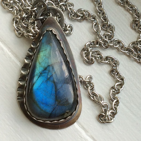 Large Labradorite Necklace Pendant - Long Boho Sterling Silver Blue Stone Necklace - Handcrafted Artisan Metalwork Jewelry Gifts for Her