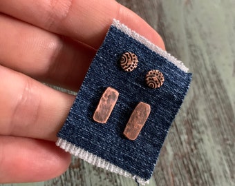 Rustic Copper Studs Set of 4 Round & Bar Unique Simple Unisex Everyday Wear Jewelry for Men or Women - 7th Anniversary Gift