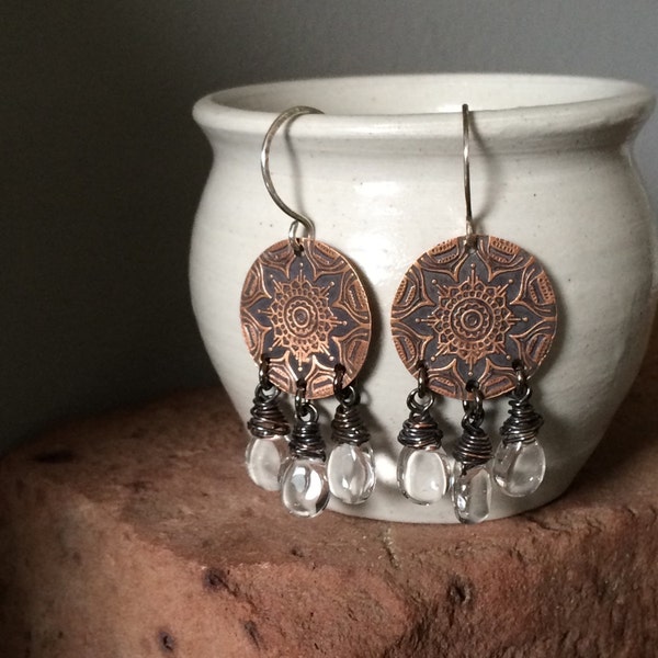 Clear Crystal Fringe & Rustic Copper Mandala Earrings - BOHO / Bohemian / Gypsy Fashion - Wire Wrapped Polished Quartz Jewelry Gifts for Her
