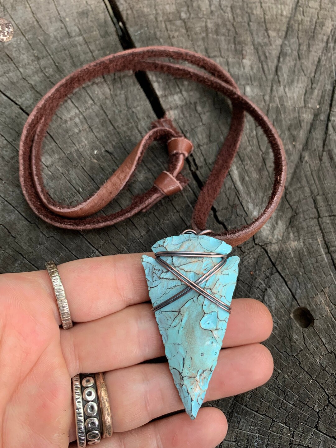 Unique Turquoise Arrowhead Pendant - Tribal Adjustable Leather