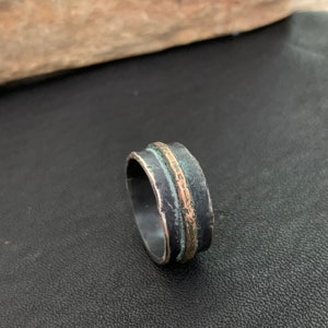 Oxidized Men's Sterling Silver 9mm Wedding Band w/ Rustic Gold Bronze Accent Unique Custom Mixed Metals Viking Ring Unisex for Men Women image 5