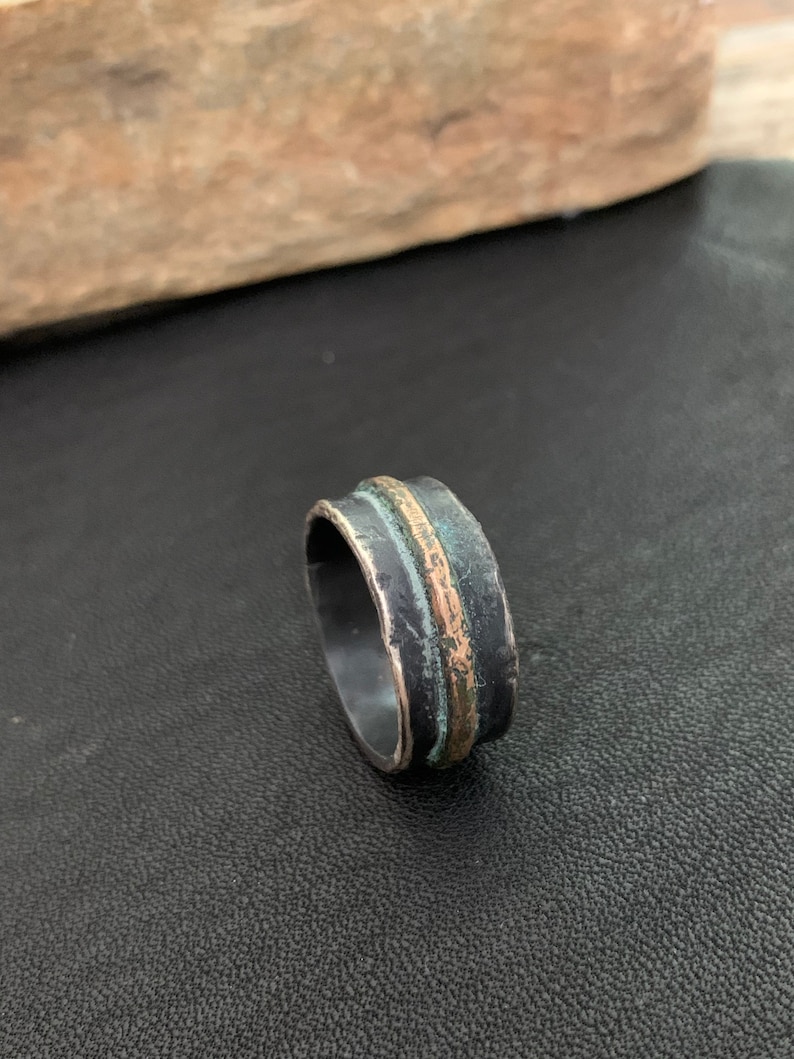 Oxidized Men's Sterling Silver 9mm Wedding Band w/ Rustic Gold Bronze Accent Unique Custom Mixed Metals Viking Ring Unisex for Men Women image 5