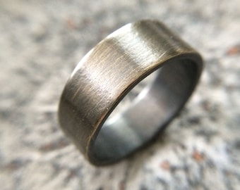 Men&#39;s Rustic 9mm or 12mm Wedding Band - Thick Rugged Brass Ring Oxidized Gold Gunmetal Finish Size & Width Custom - 7th Anniversary Gift