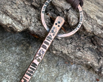 Unique Copper Pendant - Rustic Tribal Metalwork Adjustable Leather Necklace - 7th Anniversary Gift for Men or Women