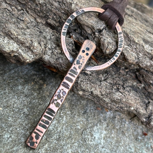 Unique Copper Pendant - Rustic Tribal Metalwork Adjustable Leather Necklace - 7th Anniversary Gift for Men or Women