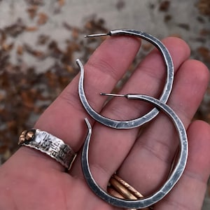 Large Sterling Silver Hoop Earrings in Oxidized or Raw Brushed Silver Finish - 4cm Classic Chunky / Hammered Rustic BOHO Everyday Jewelry