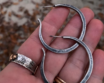 Large Sterling Silver Hoop Earrings in Oxidized or Raw Brushed Silver Finish - 4cm Classic Chunky / Hammered Rustic BOHO Everyday Jewelry