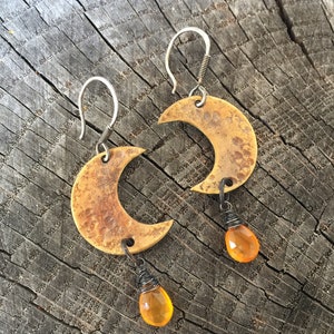 Gold Brass Crescent Moon Earrings w/ Orange Chalcedony Gems - Halloween Harvest Fall Fashion - Rustic Mixed Metals Jewelry