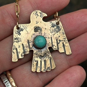 Unique Thunderbird Eagle Pendant w/ Natural Kingman Turquoise - Long Bronze Necklace - December Birthstone - Bronze 8th Anniversary Gift