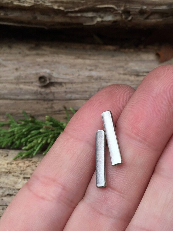 Brushed Sterling Silver Minimalist Studs - Recycled 17mm Metal Bar Earrings - Simple Unisex Everyday Wear Artisan Jewelry