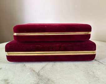 Vintage 1960’s - 1970’s Red Velvet Hinged Jewelry Box / Travel Case / Organizer Set of 2