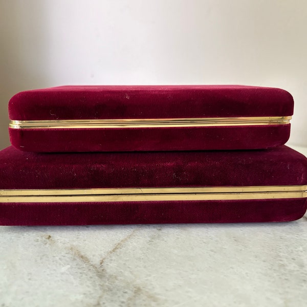 Vintage 1960’s - 1970’s Red Velvet Hinged Jewelry Box / Travel Case / Organizer Set of 2