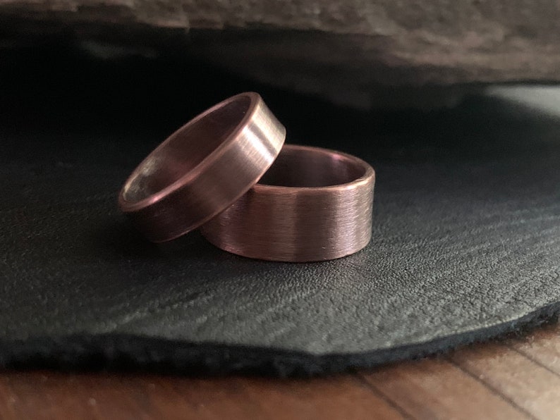 Solid Copper Wedding Band Ring Set 9mm or 6mm Width Unique Rustic 7th Anniversary His & Hers Jewelry Gift image 2
