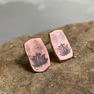 Botanical Copper Studs - Unique Sacred Lotus Floral Earrings - Rustic Organic Everyday Fashion - 7th Anniversary Gift for Her