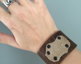 Wide Dark Brown Leather Cuff - 2 Tone Rustic Leather & Suede Adjustable Unisex Bracelet for Men or Women - Unique BOHO Jewelry