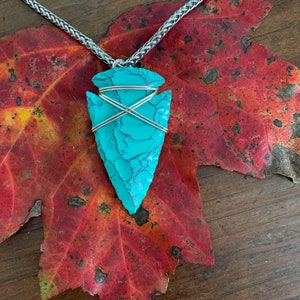 Turquoise Arrowhead Necklace Wire Wrapped Sterling Silver on 20” Stainless 4mm Wheat Chain - Unisex / Men&#39;s December Birthstone Jewelry
