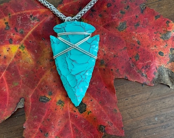 Turquoise Arrowhead Necklace Wire Wrapped Sterling Silver on 20” Stainless 4mm Wheat Chain - Unisex / Men's December Birthstone Jewelry