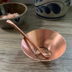Unique 7th Anniversary Gift - Pure Solid Copper Pinch Bowl & Spoon Set - Hand Forged for Condiments, Salt, Spices Apothecary, Kitchen, Bar