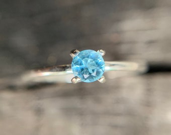Bright Blue Swiss Topaz Solitaire Engagement Ring - 925 Sterling Silver Petite 4mm Faceted December Birthstone - Size 6.75 or 7