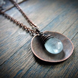 Round Disc Necklace with Natural Blue Aquamarine March Birthstone Charm - Rustic Copper Disk Pendant