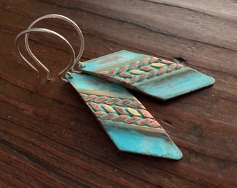 Unique Mixed Metal Earrings - Verdigris Turquoise Green Brass w/ Copper - Rustic Tribal Modern Viking Celtic Geometric Jewelry Gift for Her