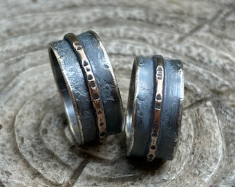 Unique 9mm Industrial Style Wedding Band - Mixed Metal Unisex Jewelry - Rustic Blackened Sterling Silver & Gold Bronze  Ring in Custom Sizes