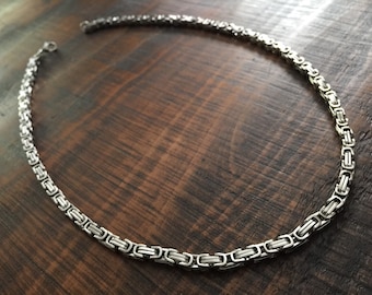 Men's Silver Byzantine Chain 20" - Polished Stainless Steel Thick 5mm Chunky Chain - Unisex for Men or Women