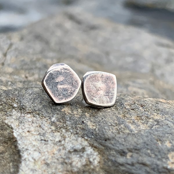 Rustic Sterling Silver Studs - Organic Oxidized Silver 6mm Earrings for Men or Women - Simple Everyday Wear Unisex Jewelry Gifts