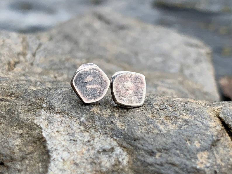 Rustic Sterling Silver Studs - Organic Oxidized Silver 6mm Earrings for Men or Women - Simple Everyday Wear Unisex Jewelry Gifts image 1