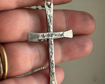 Rustic Sterling Silver Cross Pendant w/ 3mm 21" or 24" Stainless Steel Chain - Unique Anniversary or Missionary / Baptism Unisex Gift