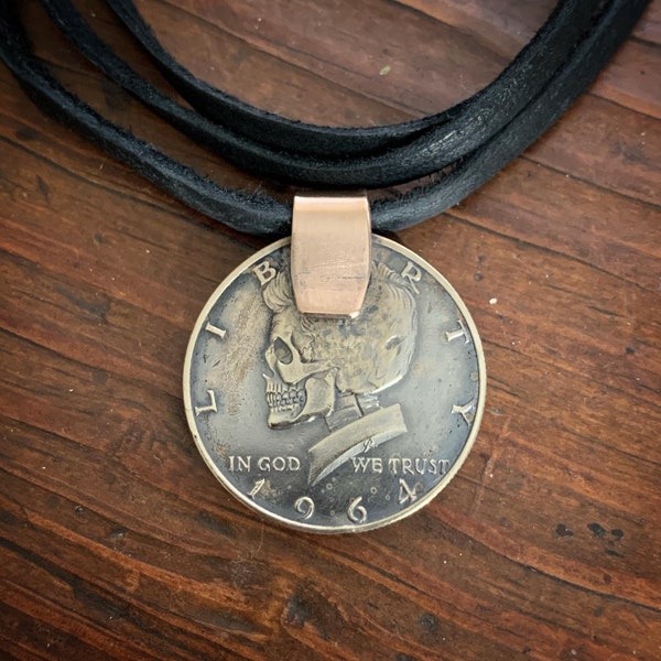 Carved Skull Coin Pendant w/ Black Leather Necklace John F Kennedy 1964 Silver Half Dollar -JFK Skull Hobo Coin - Unique Jewelry For Men