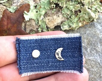 Unique 9mm Crescent & 5mm Full Moon Phase Stud Earrings - Unisex Rustic 925 Sterling Silver Unisex Jewelry Gift