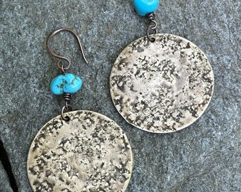 Large Mixed Metal Earrings w/ Rustic Copper and Gold Brass Discs & Kingman Turquoise Nuggets - Unique Tribal Jewelry Gift for Her