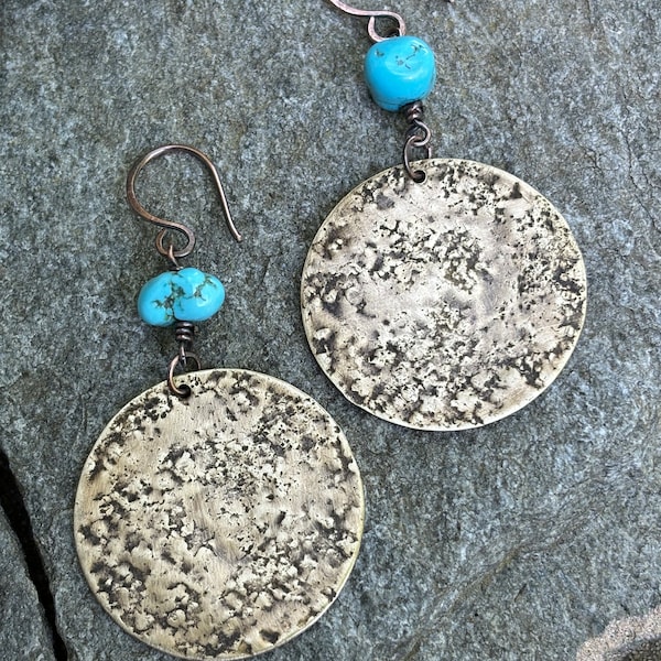 Large Mixed Metal Earrings w/ Rustic Copper and Gold Brass Discs & Kingman Turquoise Nuggets - Unique Tribal Jewelry Gift for Her