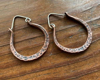 Large Darkened Rustic Hammered Copper Hoop Earrings / Mixed Metal w/ Sterling Silver - Unique Hand Forged Metalsmith Jewelry Gift for Her