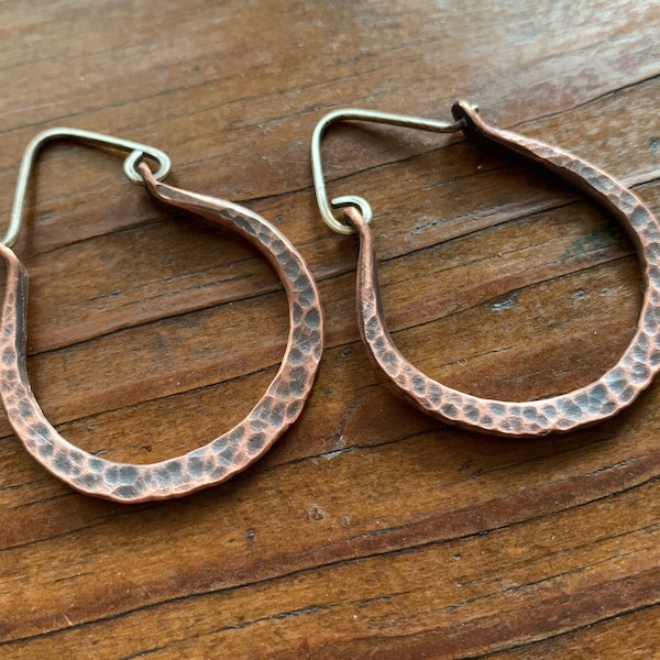 Large Darkened Rustic Hammered Copper Hoop Earrings / Mixed Metal w/ Sterling Silver - Unique Hand Forged Metalsmith Jewelry Gift for Her
