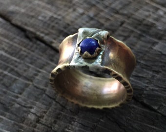 Rustic Gold Celtic Bronze Band - Wide Lapis Lazuli Ring w/ Sterling Silver Accents - Unisex Wedding Ring Size 7.25 - Modern Viking Jewelry