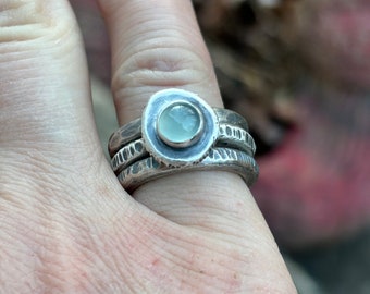 Aqua Chaldedony 3 Ring Stacking Solitaire Set in 925 Sterling Silver - Unique Rustic Artisan Jewelry Wedding or Anniversary Gift for Her