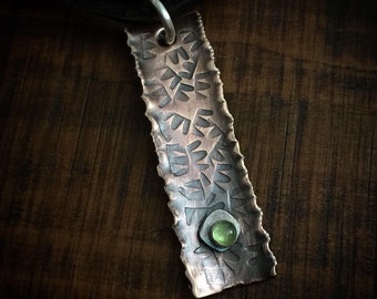 Rustic Celtic Bronze w/ Green Peridot Pendant - Brown Leather Necklace - Unique Metalwork Jewelry Gifts for Men or Women August Birthstone