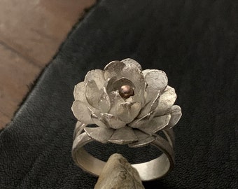 Succulent / Flower Blossom Ring - Custom Made in Your Size - Unique Mixed Metals Sterling Silver & Copper Botanical Jewelry Gift for Her