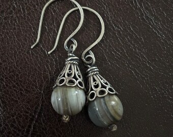 Gray Banded Eye Agate Drop Earrings w/ 925 Sterling Silver - Unique Handcrafted Jewelry Gift for Her