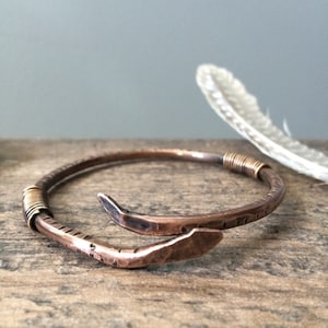 Adjustable Viking Snake Bangle - Rustic Mixed Metals Copper & Gold Bronze Bracelet for Men or Women Unisex 7th Anniversary Jewelry