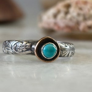 Bague solitaire turquoise Kingman taille 8,5 ou personnalisée - cadeau pour femme en argent sterling et bronze doré, bijoux délicats pour femmes