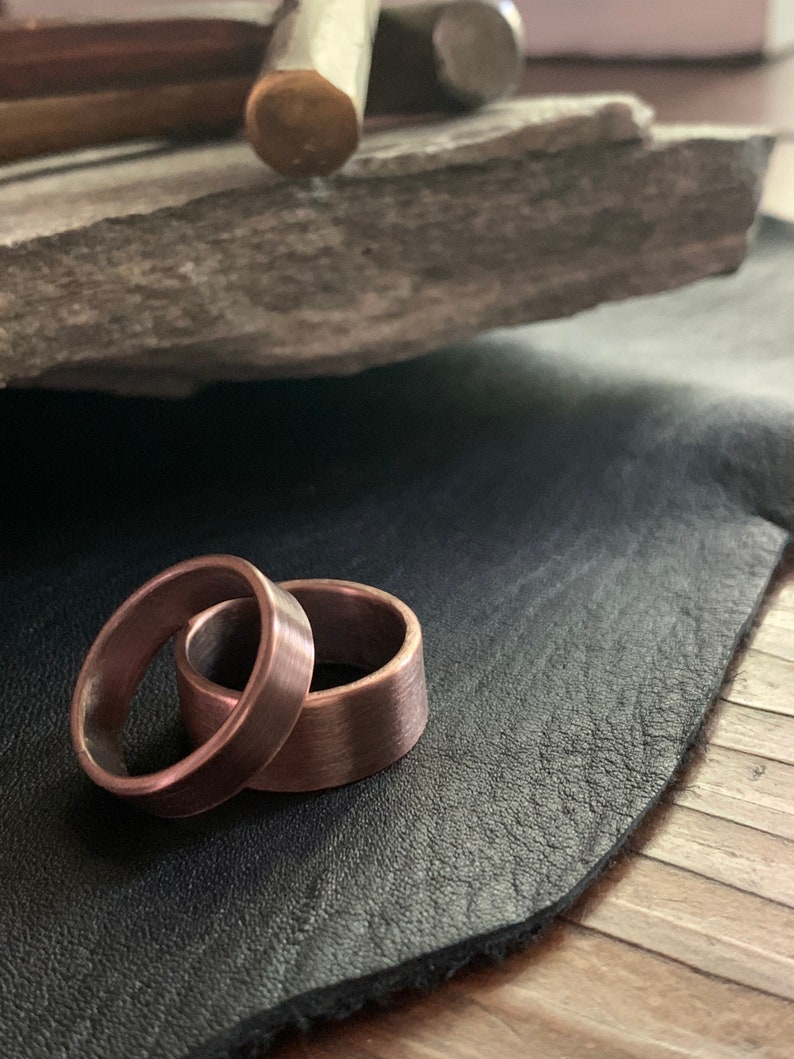 Solid Copper Wedding Band Ring Set 9mm or 6mm Width Unique Rustic 7th Anniversary His & Hers Jewelry Gift image 5