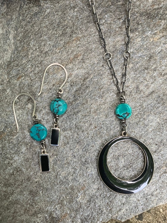 Natural Hubei Turquoise Necklace & Earring Set - 925 Sterling Silver w/ Black Onyx and Enamel - December Birthstone Jewelry Gift for Her