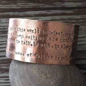 Custom Stamped 1.5&quot; Wide Copper Cuff - Unisex Men&#39;s or Women&#39;s Rustic Metal Bracelet - Personalized 7th Anniversary Gift - Quote Jewelry